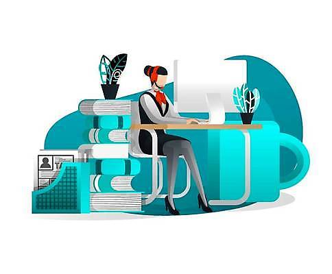 EPS 해외이미지 전신 여자 화분 화초 의자 일러스트 비즈니스 한명 성인 책 컵 파란색 모니터 상담원 스마트 책상 성인여자한명만 해외일러스트 식물 1 식기 컬러 가구 컨셉 사람 컴퓨터 사무원 여자한명만 성인여자만 파일형식 벡터 이미지허브