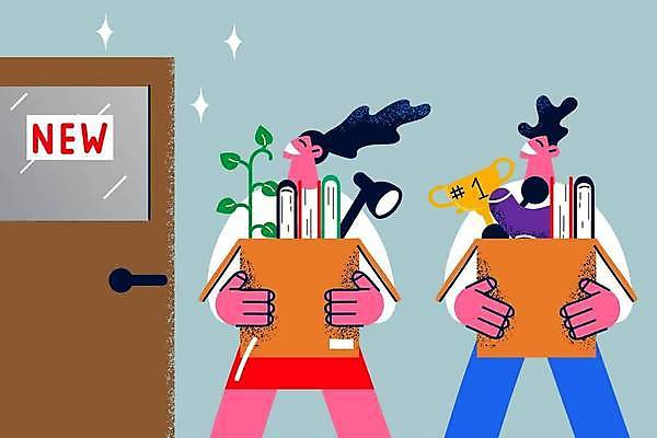 EPS 해외이미지 여자 남자 행복 이동 일러스트 비즈니스 새로움 웃음 들기 상반신 성인 두명 상자 사무실 문 비즈니스맨 비즈니스우먼 성인만 이직 해외일러스트 감정 컨셉 모션 표정 사람 직장인 파일형식 벡터 이미지허브