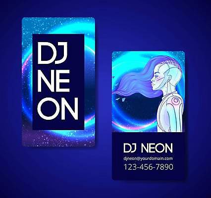 EPS 해외이미지 일러스트 명함 사람모양 사람없음 파란색 머리카락 이메일 인조인간 사이버 DJ 복고 네온 전화번호 테크노 해외일러스트 모양 컬러 머리 파일형식 벡터 이미지허브