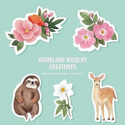 EPS 해외이미지 동물 꽃 스티커 잎 두마리 일러스트 사슴 사람없음 손그림 나무늘보 엘리먼트 해외일러스트 식물 2 포유류 파일형식 벡터 이미지허브