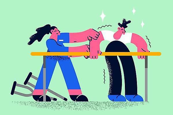 EPS 해외이미지 전신 여자 남자 일러스트 성인 두명 치료 건강관리 환자 잡기 도움 목발 떨림 물리치료사 재활 성인만 일상회복 해외일러스트 컨셉 의학 의료기기 모션 건강 관리 사람 사회이슈 치료사 파일형식 벡터 이미지허브