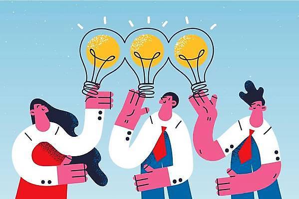 EPS 해외이미지 여자 남자 생각 일러스트 비즈니스 전구 협력 아이디어 상반신 성인 세명 손들기 비즈니스맨 비즈니스우먼 동료 성인만 해외일러스트 컨셉 관계 모션 사람 직장인 파일형식 벡터 이미지허브