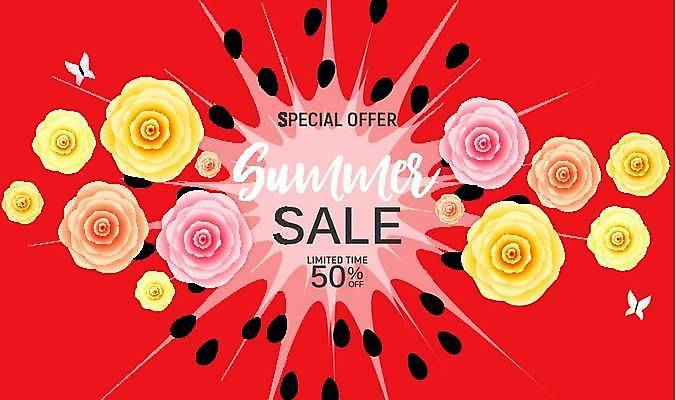 EPS 해외이미지 배너 꽃 일러스트 이벤트 사람없음 빨간색 세일 여름맞이 해외일러스트 식물 컬러 파일형식 벡터 여름_계절 이미지허브