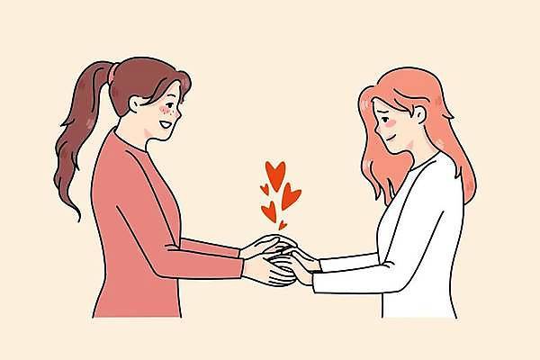 EPS 해외이미지 여자 행복 일러스트 함께함 상반신 성인 두명 친구 마주보기 믿음 손잡기 우정 하트 성인여자만 해외일러스트 모양 감정 컨셉 관계 모션 사람 여자만 성인만 파일형식 벡터 이미지허브