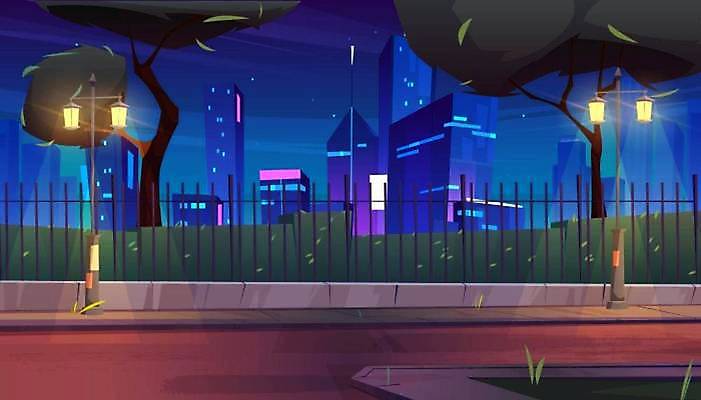 EPS 해외이미지 나무 백그라운드 가로등 일러스트 밤하늘 빌딩 사람없음 건물 울타리 산책로 해외일러스트 식물 건축물 공공시설 길 하늘 담장 야간 파일형식 벡터 이미지허브