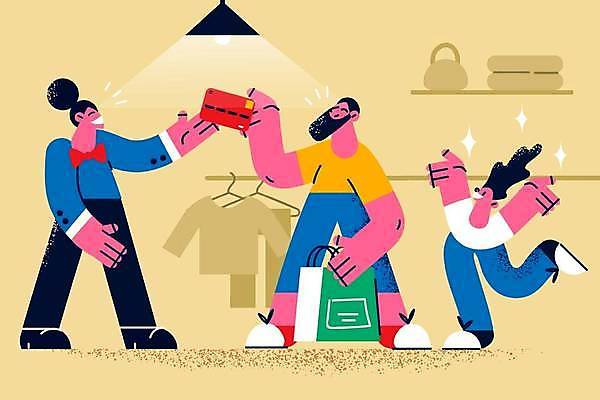 EPS 해외이미지 전신 옷 여자 남자 어린이 가방 일러스트 조명 선반 들기 손짓 성인 세명 반짝임 쇼핑백 신용카드 직원 옷가게 부녀 해외일러스트 잡화 딸 가구 가족 모션 사람 금융 상점 아빠 파일형식 벡터 이미지허브