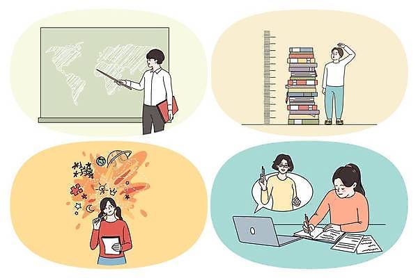 EPS 해외이미지 학생 여자 교육 남자 어린이 일러스트 교실 소년 여러명 성인 책 노트북 손들기 쌓기 교사 칠판 가리킴 비교 지시봉 키재기 온라인강의 책더미 해외일러스트 직업 다수 컨셉 학교 모션 사람 손짓 전자제품 강의 측정 키_신체 무더기 파일형식 벡터 언택트 이미지허브