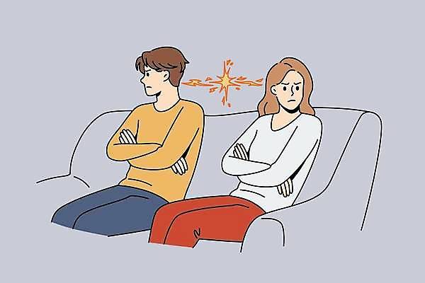 EPS 해외이미지 부부 여자 남자 감정 일러스트 앉기 성인 두명 소파 팔짱 싸움 부부싸움 성인만 해외일러스트 커플 의자 모션 사람 파일형식 벡터 가구 관계 생활용품 오브젝트 이미지허브