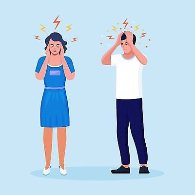 EPS 해외이미지 전신 여자 남자 하늘색 일러스트 의학 건강 서기 성인 두명 건강관리 고통 잡기 찡그림 두통 성인만 해외일러스트 감정 모션 표정 관리 사람 파란색 질병 파일형식 벡터 이미지허브