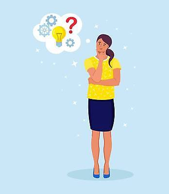 EPS 해외이미지 전신 여자 하늘색 생각 일러스트 한명 서기 성인 반짝임 물음표 비즈니스우먼 고민 톱니바퀴 전구모양 성인여자한명만 해외일러스트 모양 1 기호 감정 비즈니스 전구 모션 사람 파란색 직장인 여자한명만 성인여자만 파일형식 벡터 이미지허브