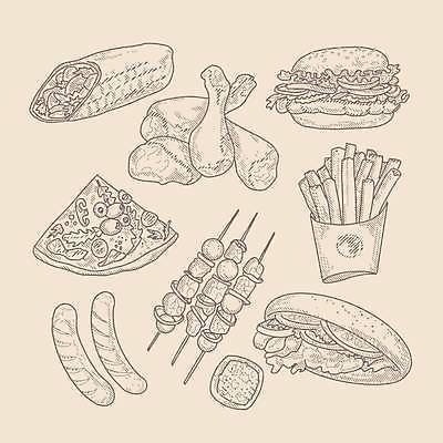 EPS 해외이미지 음식 일러스트 감자 피자 패스트푸드 육류 세트 식사 치킨 튀김 수확 감자튀김 햄버거 뜨거움 소시지 개 그릴 정크푸드 바비큐 스케치 먹기 속도 메뉴 패키지 핫도그 판화 타코 프랑스어 점심식사 치즈버거 해외일러스트 문자 농업 채소 식재료 포유류 모션 주방용품 서양음식 미술 가공식품 인스턴트 닭고기요리 파일형식 벡터 이미지허브