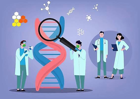 EPS 해외이미지 전신 여자 남자 허리손 일러스트 돋보기 건강 실험 마스크 서기 들기 여러명 성인 건강관리 보라색 의사 DNA 연구원 성인만 해외일러스트 직업 컬러 포즈 다수 모션 관리 사람 의료진 생명공학 파일형식 벡터 이미지허브