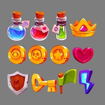 EPS 해외이미지 일러스트 열쇠 왕관 사람없음 세트 동전 게임 하트 깃발 금화 방패 물약 아이템 번개모양 엘리먼트 해외일러스트 모양 돈 놀이 약 황금 번개 파일형식 벡터 이미지허브