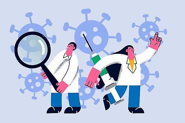 EPS 해외이미지 여자 남자 일러스트 돋보기 주사기 들기 성인 두명 의사 질병 성인만 해외일러스트 의학 의료기기 모션 사람 의료진 파일형식 벡터 이미지허브