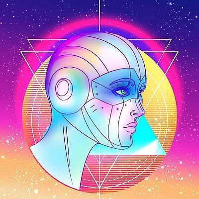 EPS 해외이미지 선 일러스트 사람모양 사람없음 보라색 원형 인조인간 삼각형 사이버 복고 네온 테크노 해외일러스트 모양 도형 컬러 파일형식 벡터 이미지허브