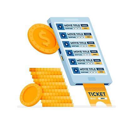 EPS 해외이미지 일러스트 비즈니스 사람없음 쌓기 동전 티켓 구매 영화 결제 해외일러스트 돈 모션 문화예술 쇼핑 파일형식 벡터 이미지허브