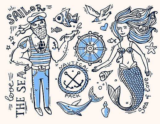 EPS 해외이미지 전신 여자 남자 일러스트 갈매기 수염 어류 성인 두명 파란색 고래 키_배핸들 해군 선원 인어 엘리먼트 성인만 해외일러스트 컬러 포유류 조류 군대 사람 수중동물 핸들 파일형식 벡터 이미지허브