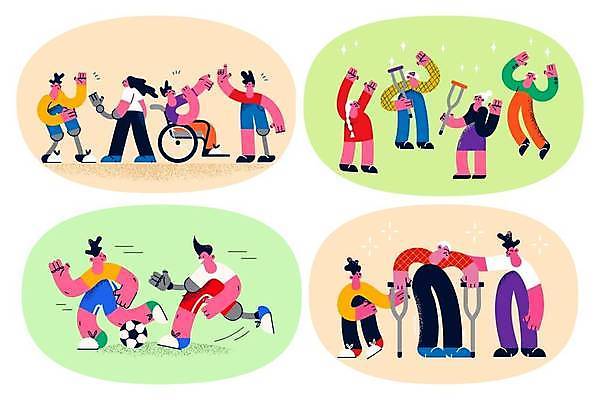 EPS 해외이미지 캐릭터 교육 행복 감정 스포츠 컨셉 일러스트 성공 기념 함께함 사람 성인 우정 축하 시간 질병 장애인 만화 가득함 휠체어 기회 리빙 장애 골 독립 재활 지원 평등 비용 접근 해외일러스트 일러캐릭터 의학 치료 경제 친구 파일형식 벡터 이미지허브