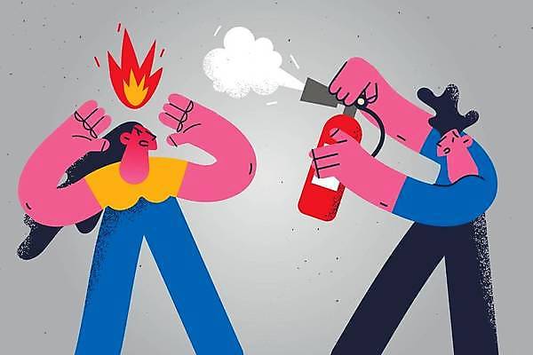 EPS 해외이미지 여자 남자 일러스트 불 스트레스 들기 성인 두명 분노 표현 소화_소방 소화기 공격적 성인만 해외일러스트 자연요소 감정 컨셉 모션 사람 안전장비 소방 파일형식 벡터 이미지허브