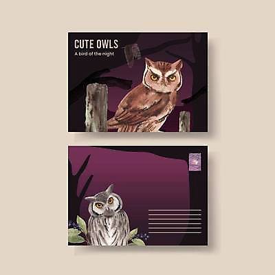 EPS 해외이미지 나무 디자인 실루엣 잎 일러스트 세마리 사람없음 보라색 나뭇가지 엽서 부엉이 해외일러스트 식물 컬러 조류 촬영기법 3 편지 파일형식 벡터 이미지허브