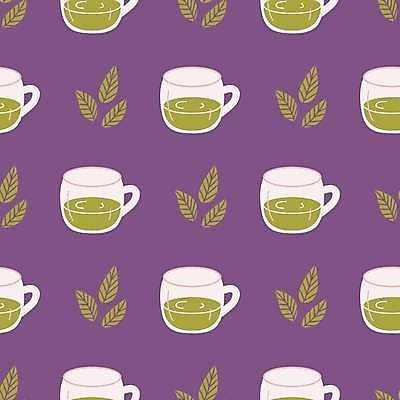 EPS 해외이미지 백그라운드 패턴 일러스트 사람없음 보라색 찻잔 녹차 녹차잎 해외일러스트 컬러 무늬 잔 차_음료 찻잎 파일형식 벡터 이미지허브