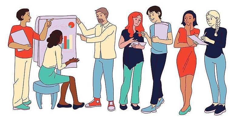 EPS 해외이미지 전신 여자 남자 일러스트 회의 그래프 협력 대화 서기 들기 앉기 여러명 성인 가리킴 업무 비즈니스맨 비즈니스우먼 동료 문서 소통 성인만 해외일러스트 다수 컨셉 비즈니스 관계 모션 말하기 사람 손짓 작업 직장인 파일형식 벡터 이미지허브