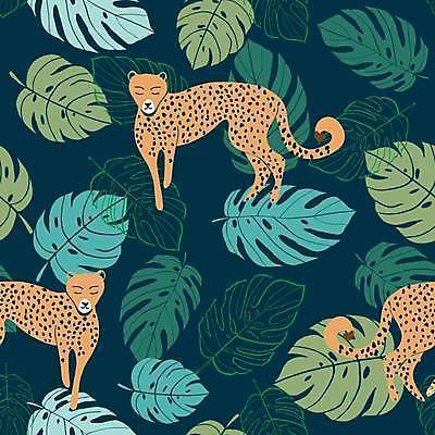 EPS 해외이미지 백그라운드 패턴 일러스트 세마리 사람없음 초록색 패턴백그라운드 시원함 남색 라인아트 치타 열대잎 해외일러스트 선 컬러 잎 무늬 포유류 3 파일형식 벡터 이미지허브