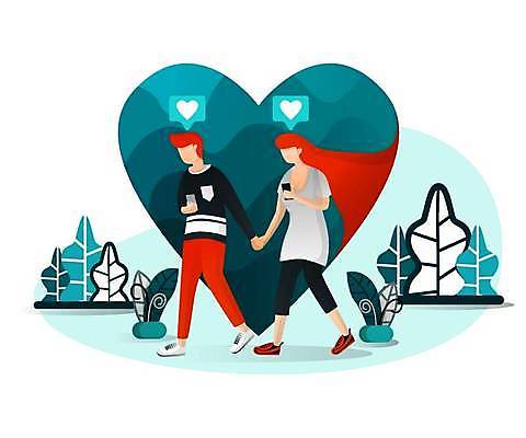 EPS 해외이미지 전신 커플 여자 남자 말풍선 일러스트 성인 두명 스마트폰 걷기 손잡기 하트 풀기 성인만 해외일러스트 모양 관계 모션 사람 핸드폰 스마트기기 파일형식 벡터 이미지허브