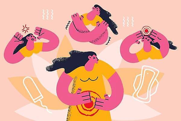 EPS 해외이미지 여자 일러스트 건강 여러명 성인 고통 짜증 두통 떨림 복통 생리 생리대 생리통 성인여자만 월경전증후군 해외일러스트 감정 다수 모션 사람 질병 여성용품 생리현상 여자만 성인만 파일형식 벡터 이미지허브