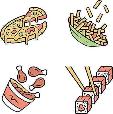 EPS 해외이미지 접시 일러스트 젓가락 피자 요리 사람없음 치킨 감자튀김 롤스시 엘리먼트 해외일러스트 식기 감자 패스트푸드 서양음식 수저 초밥 튀김 닭고기요리 일본음식 파일형식 벡터 이미지허브