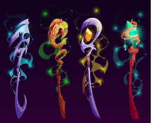 EPS 해외이미지 일러스트 지팡이 사람없음 빛 판타지 세트 게임 마법지팡이 엘리먼트 해외일러스트 상상 놀이 파일형식 벡터 이미지허브