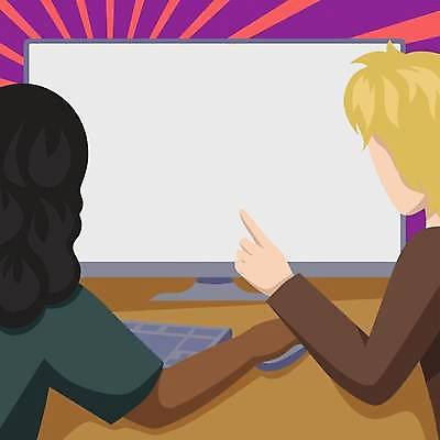 EPS 해외이미지 여자 남자 일러스트 프레임 상반신 성인 두명 사각형 모니터 가리킴 키보드 마우스 성인만 카피스페이스 해외일러스트 도형 사람 손짓 컴퓨터 컴퓨터용품 공백 파일형식 벡터 이미지허브