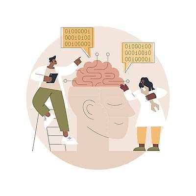 EPS 해외이미지 전신 여자 남자 컨셉 말풍선 일러스트 사다리 미래 서기 들기 성인 두명 태블릿 디지털 기계 스패너 로봇 과학자 얼굴모양 공학 개발 이진수 성인만 AI_인공지능 해외일러스트 모양 직업 교육 얼굴 과학 모션 사람 전자제품 스마트기기 도구 공구 학자 파일형식 벡터 이미지허브