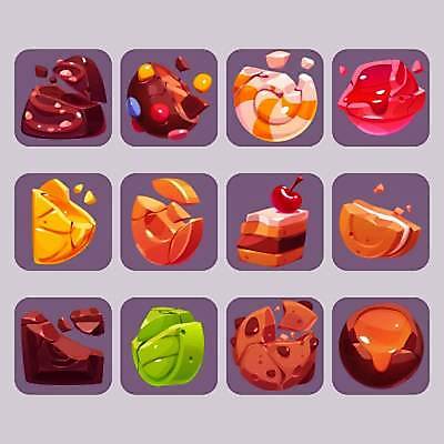 EPS 해외이미지 일러스트 막대사탕 사탕 사람없음 세트 쿠키 케이크 초콜릿 게임 체리 파편 아이템 깨짐 엘리먼트 초코칩 샌드쿠키 해외일러스트 컨셉 과일 놀이 디저트 파일형식 벡터 이미지허브