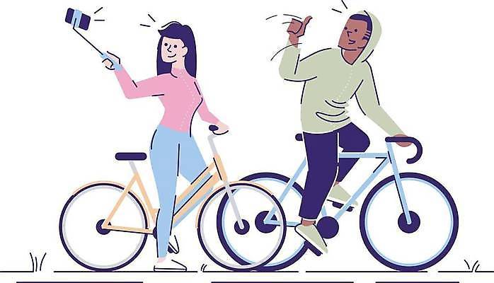 EPS 해외이미지 전신 여자 남자 일러스트 서기 성인 두명 친구 스마트폰 자전거 우정 승차 셀프카메라 따봉 셀카봉 성인만 해외일러스트 관계 모션 사람 핸드폰 스마트기기 바이크 사진촬영 최고 파일형식 벡터 이미지허브