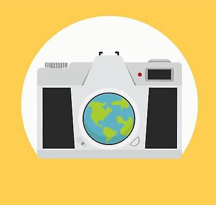 EPS 해외이미지 지구 일러스트 사람없음 노란색 카메라 복고 필름카메라 해외일러스트 컬러 전자제품 파일형식 벡터 이미지허브