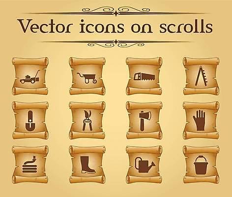 EPS 해외이미지 일러스트 사람없음 세트 갈색 물뿌리개 빈티지 두루마리 삽 양동이 심볼 조경 도끼 손모양 호스 컴파스 톱 스크롤 양피지 일륜차 쟁기 조경가위 해외일러스트 모양 컬러 컨셉 문구용품 가위_도구 수레 공구 파일형식 벡터 손_신체부위 이미지허브