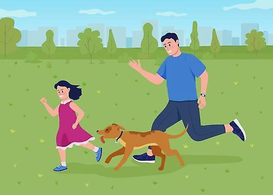 EPS 해외이미지 전신 나무 공원 여자 남자 반려견 어린이 일러스트 성인 두명 달리기 강아지 해외일러스트 식물 공공시설 모션 사람 반려동물 개 파일형식 벡터 이미지허브