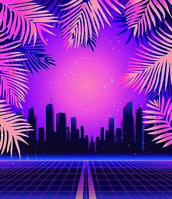 EPS 해외이미지 실루엣 일러스트 사람없음 건물 보라색 도시 사이버 복고 네온 열대잎 테크노 해외일러스트 건축물 컬러 잎 촬영기법 파일형식 벡터 이미지허브