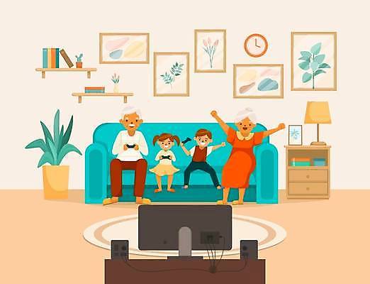 EPS 해외이미지 전신 여자 할아버지 노년 남자 화분 할머니 어린이 액자 일러스트 가족 손자 손녀 들기 앉기 소년 여러명 소파 텔레비전 만세 게임기 조부모 해외일러스트 다수 의자 관계 모션 사람 성인 전자제품 손주 파일형식 벡터 이미지허브