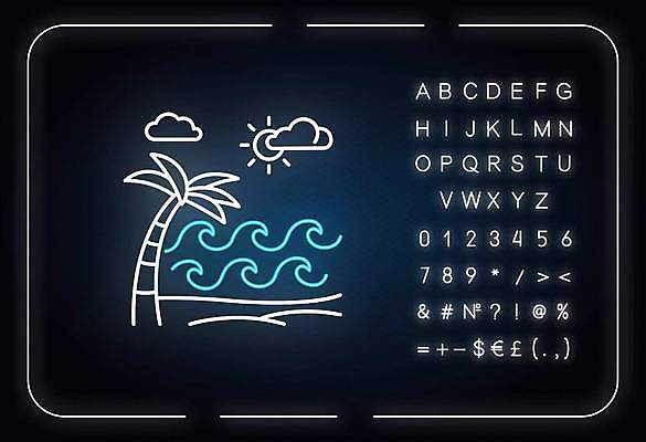EPS 해외이미지 알파벳 선 파도 백그라운드 일러스트 타이포그라피 사람없음 야자수 태양 화려 심볼 네온 형광등 해외일러스트 자연요소 나무 문자 영어 바다 컨셉 전등 파일형식 벡터 이미지허브