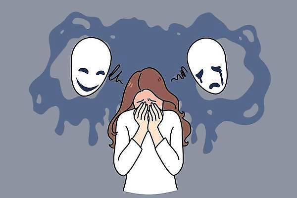 EPS 해외이미지 여자 일러스트 가면 한명 웃음 상반신 성인 회색 슬픔 얼굴가리기 성인여자한명만 조울증 정신건강 해외일러스트 1 감정 컬러 표정 건강 사람 가림 질병 여자한명만 성인여자만 파일형식 벡터 이미지허브