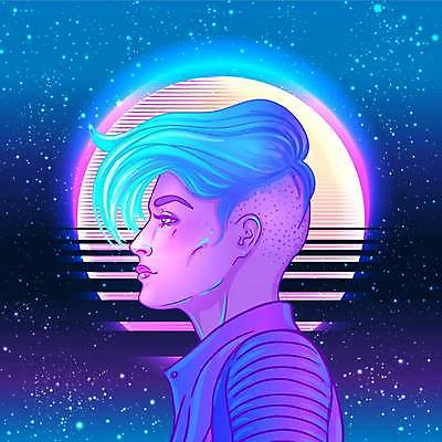 EPS 해외이미지 여자 일러스트 한명 상반신 성인 파란색 사이버 복고 네온 테크노 성인여자한명만 해외일러스트 1 컬러 사람 여자한명만 성인여자만 파일형식 벡터 이미지허브