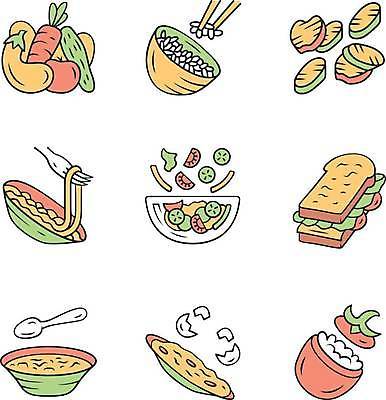 EPS 해외이미지 토마토 일러스트 가지 피망 오이 파프리카 샌드위치 요리 사람없음 당근 샐러드 면류 구이 밥그릇 쌀밥 스크램블 엘리먼트 해외일러스트 그릇 음식 채소 밥 뿌리채소 계란요리 파일형식 벡터 이미지허브