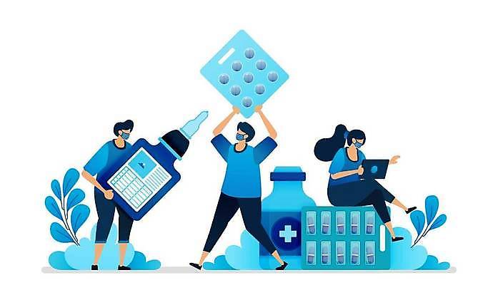 EPS 해외이미지 전신 여자 남자 일러스트 건강 들기 앉기 성인 치료 세명 태블릿 알약 풀잎 처방 조제 백신 성인만 해외일러스트 잎 의학 모션 사람 전자제품 스마트기기 약 풀_식물 만들기 파일형식 벡터 이미지허브