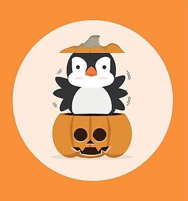 EPS 해외이미지 한마리 일러스트 사람없음 귀여움 주황색 할로윈 원형 펭귄 날갯짓 펭귄캐릭터 잭오랜턴 해외일러스트 도형 1 컬러 동물캐릭터 컨셉 조류 파일형식 벡터 이미지허브