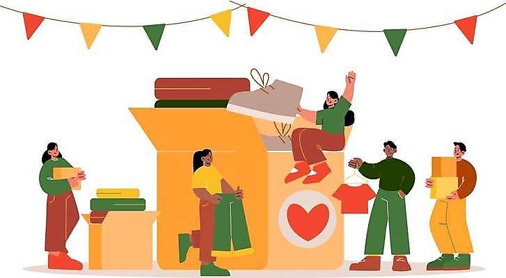 EPS 해외이미지 옷 여자 남자 일러스트 바지 선물 들기 앉기 여러명 성인 상자 하트 플랫 기부 가랜드 성인만 자선단체 해외일러스트 모양 다수 모션 하의 사람 그룹 파티용품 자선 파일형식 벡터 이미지허브