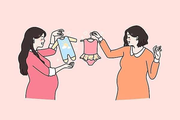 EPS 해외이미지 라이프스타일 여자 행복 일러스트 엄마 들기 성인 두명 쇼핑 부모 손들기 임산부 임신 구매 즐거움 유아복 성인여자만 해외일러스트 옷 감정 가족 모션 사람 생활 아기용품 여자만 성인만 파일형식 벡터 이미지허브