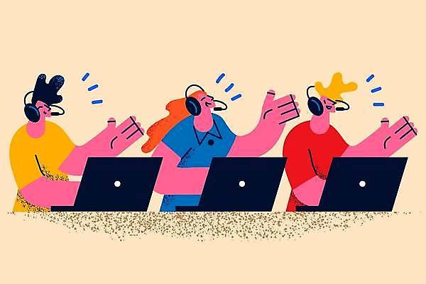 EPS 해외이미지 여자 남자 일러스트 비즈니스 친절 웃음 상반신 성인 세명 노트북 손들기 비즈니스맨 비즈니스우먼 상담원 상담 상담전화 상담직 상담창구 성인만 해외일러스트 모션 표정 사람 전자제품 직장인 사무원 통화 파일형식 벡터 이미지허브