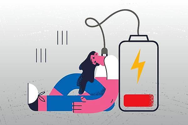 EPS 해외이미지 전신 여자 일러스트 비즈니스 피곤 한명 앉기 상반신 성인 비즈니스우먼 전기에너지 건전지 충전 방전 힘듦 성인여자한명만 해외일러스트 1 컨셉 모션 사람 에너지 직장인 여자한명만 성인여자만 파일형식 벡터 이미지허브